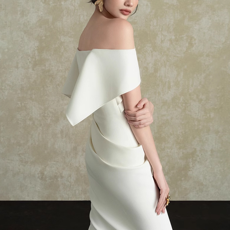 PN88 New White Elegant Slit Waist-cinching Dress