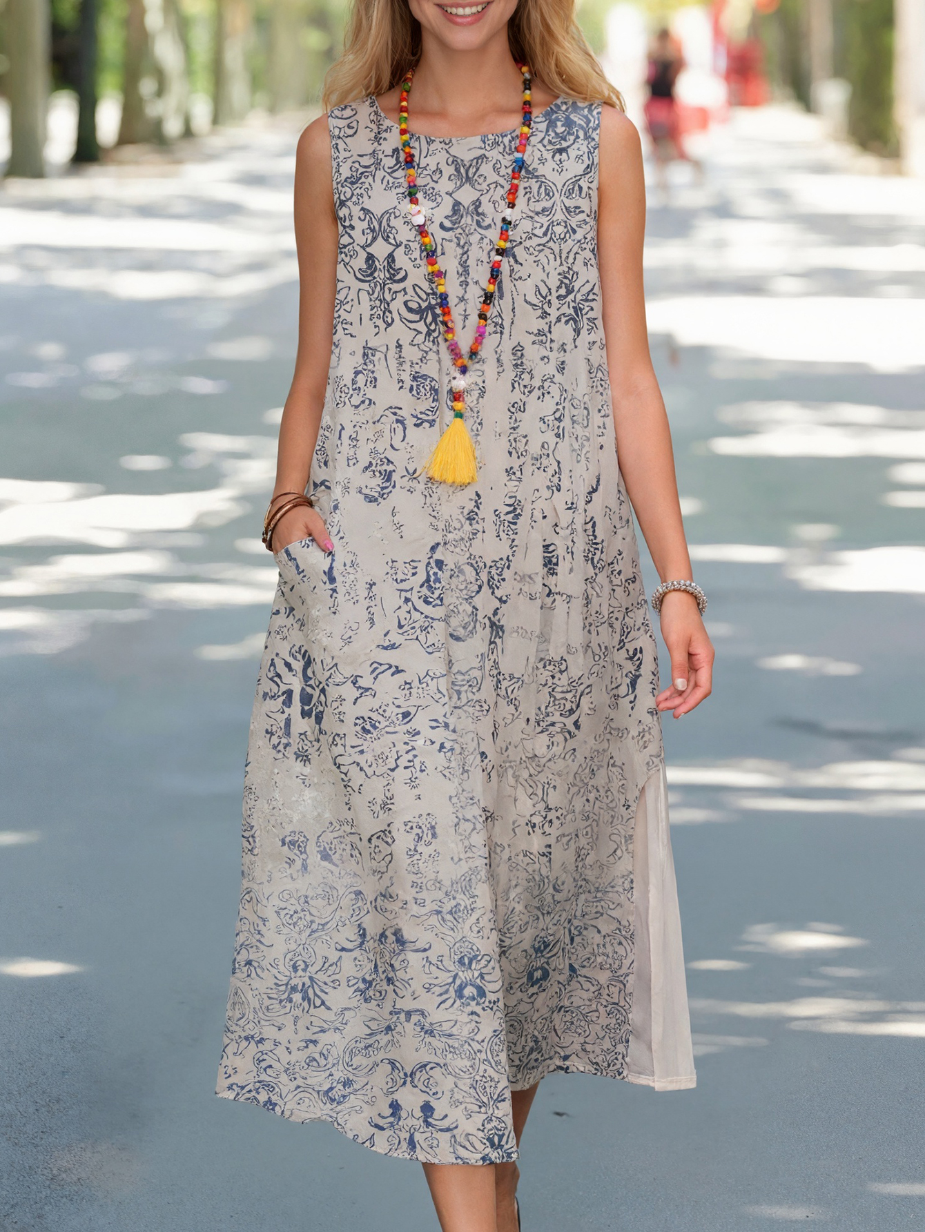 Women's Retro Ethnic Print Sleeveless Maxi Dress - Boho Casual Fashion Long Dress-CF43695