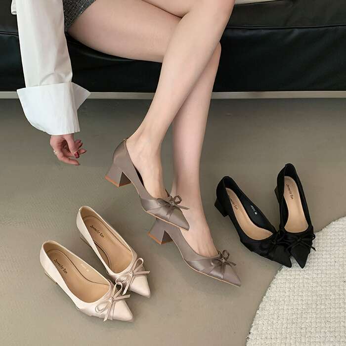 French Style Pointed Toe Single Shoes for Women, Chunky Heel 2025 New Designer Shoe Gentle Style, Elegant Bowknot Mid-Heel Shoes, High Heels