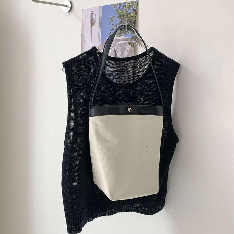 Korean Niche Summer Color-Block Bucket Large Capacity Canvas Commuter Light Luxury Style Shoulder Bag B5