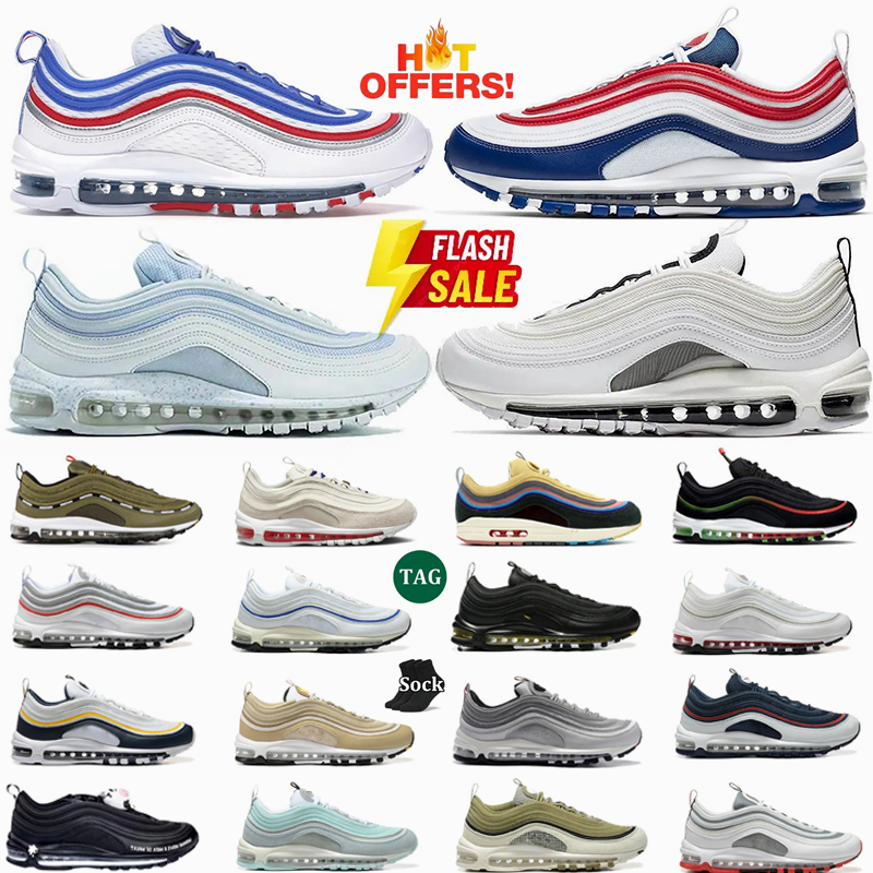Designer 97 97s Sports Shoes Trainers Jesus Satan Futura Triple silver Cream Olive Volt Crucifix pink Bred Sail Aurora Gym Mens Women Running Sneakers