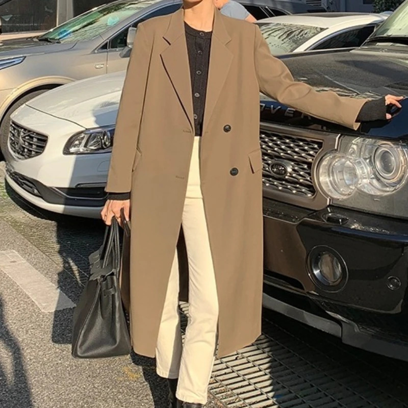 REALEFT Autumn Winter Vintage Khaki Single Breasted Womens Trench Coat 2025 Long Sleeve Casual Loose Korean Long Blazer 251008