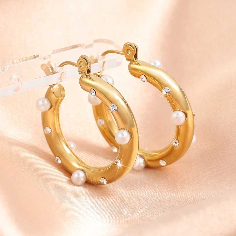 ZAKOL Y2K Trendy U Shape Stainless Steel Round Earrings For Women Girls Gold Color Imitation Pearl Crystal Ears Jewelry Gifts Y251018