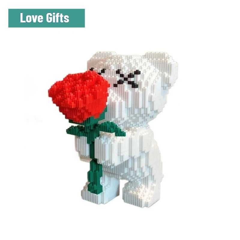 Cute Pink Flower Rose 3D Bear Micro Building Block Toy Educational Toy For Kids Couple Gift Desktop Home Decorations L251016IOMG