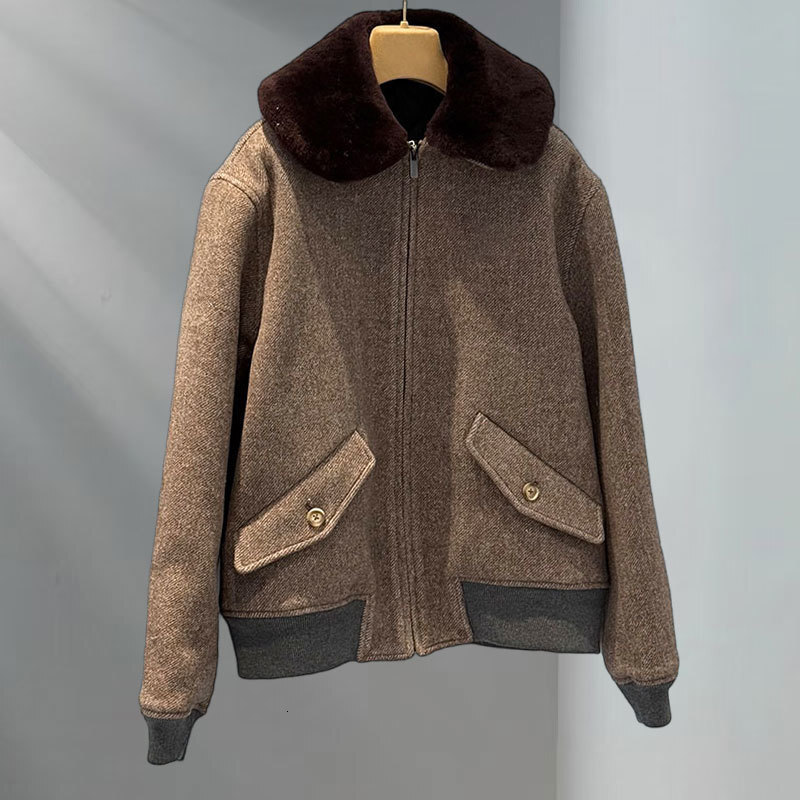 Luxury Designer Women's Shearling Cotton Blend Zip Up Coat Chic Wool Notch Collar Long Sleeve Loose Jacket Winter Warm Letter Embroidery Two Pock