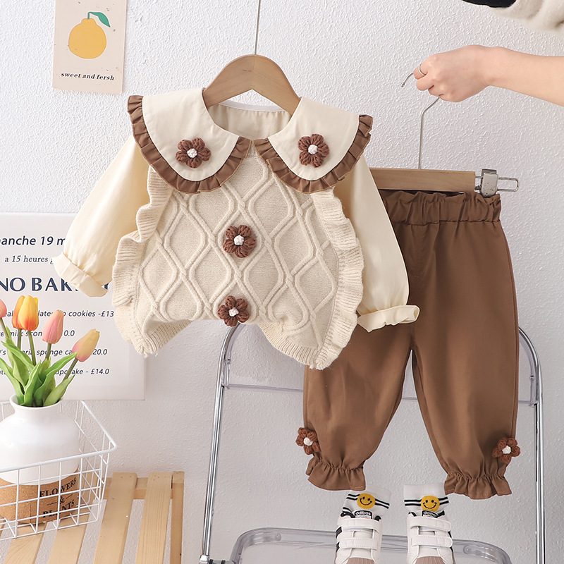 2025 Girls' Spring Clothing Academy Style Set Long Sleeve Double Flower Sweater 3-Piece Set Western Style for Children and Babies