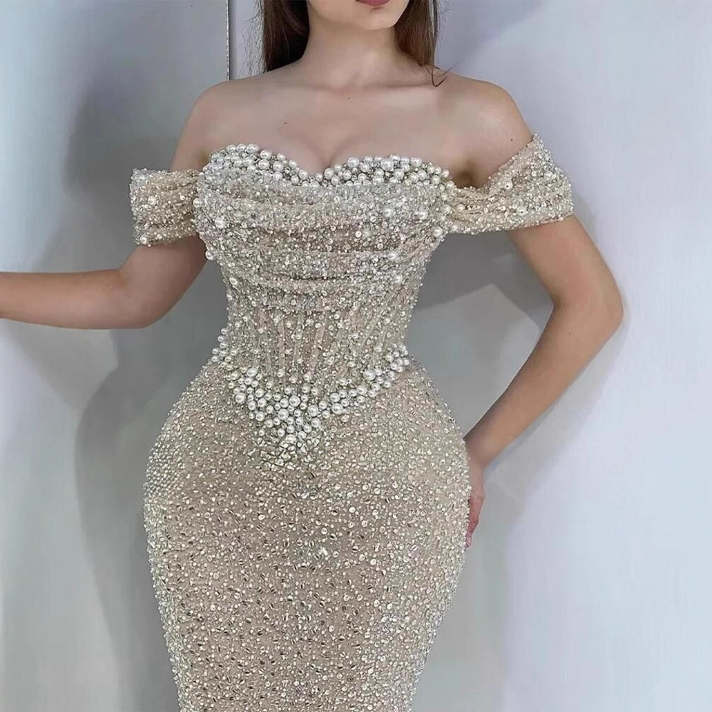 Sparkly Mermaid Prom Dress Off the Shoulder Sweetheart Pearls Sleeveless Long Glitter Formal Party Gown for Women 241220