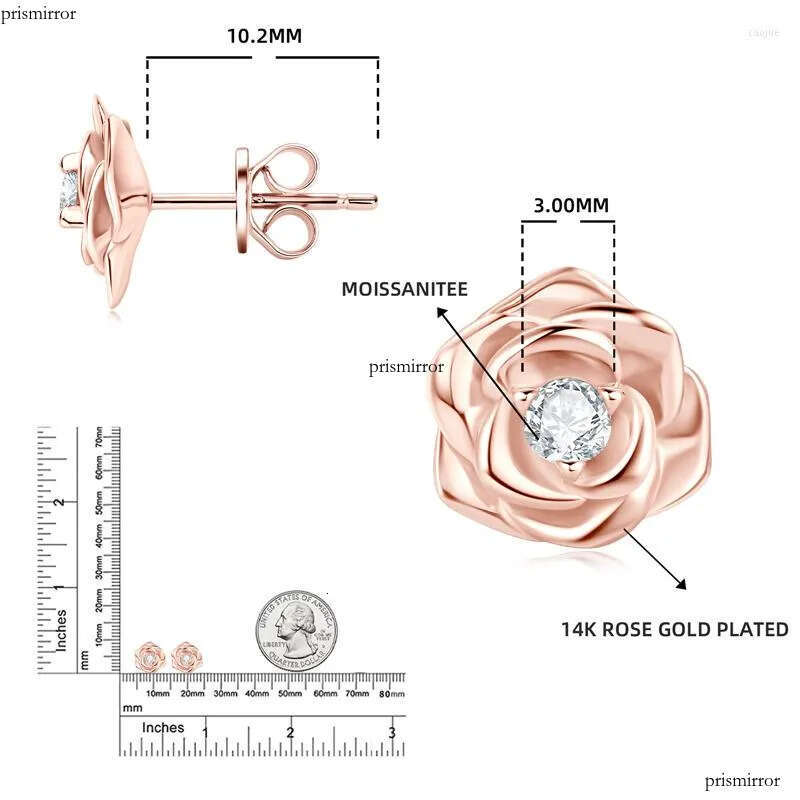 Stud Earrings Vintage Rose Flower Moissanite D Color 3mm Simple Dia Sterling Sier Fine Jewelry Gift For Women