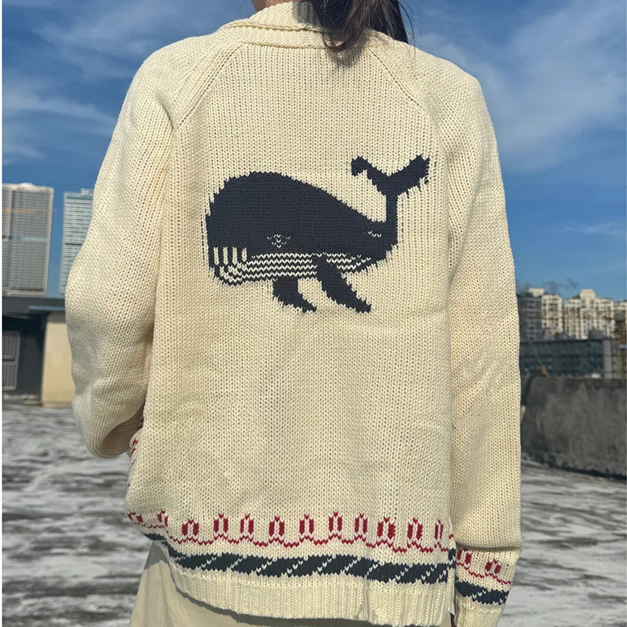 Fashion Women Shawl Collar Cardigan Sweater Lobster Print Long Sleeve Button Down Jumper Tops Vintage Chunky Knit Coat 251009