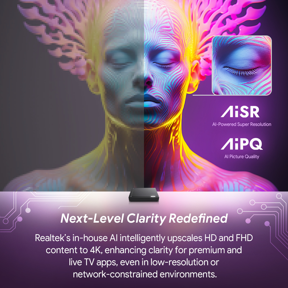 RT-X2 Android 14 TV Box Realtek1325 CPU Support AI-PQ AI-SR Set Top Box Android 14.0 1000M 2T2R Wifi5 BT5.2 Media Player