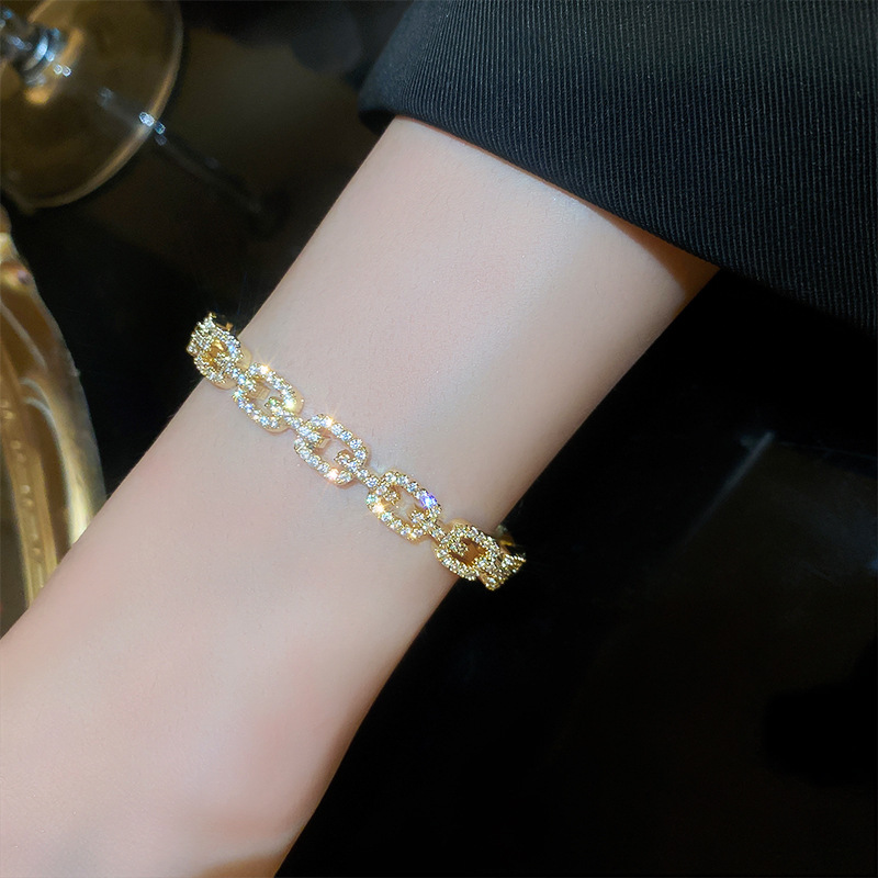 Super Shiny Open Cuff Bracelet Real Gold Plated with Zirconia, Waterproof & Elegant Jewelry for Daily Wear - view 4
