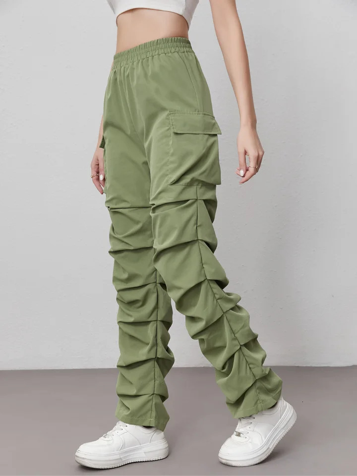 Womens Elastic High Waist Cargo Pants with Large Pockets Outdoor Casual Trousers 251017