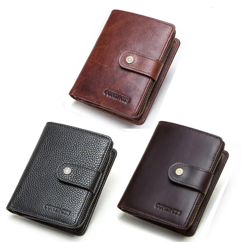 CONTACTS Genuine Leather RFID Vintage Wallet Men With Coin Pocket Short Wallets Small Zipper Wallet With Card Holders Man Purse 251023