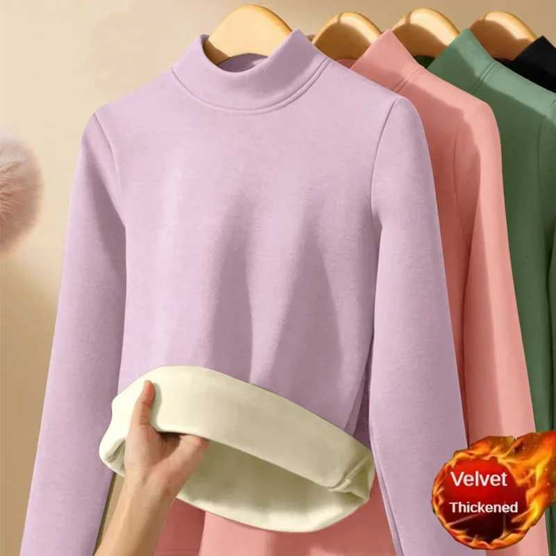 Women Thicken Half Turtleneck Bottom Shirt Double Sided Fleece Lined Warm Tops Delong Inner Wear Slim Long Sleeve Pullover Top T251018