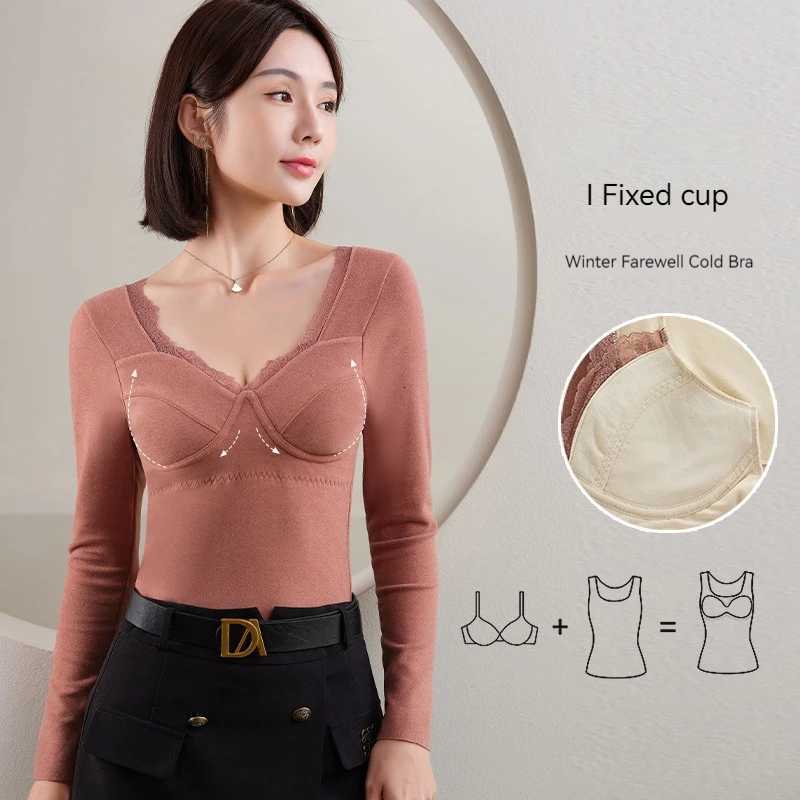 Autumn Winter Sexy Lace Large Cup One Piece Warm Coat Long Sleeve Bottom Top for Women Wearless Bra And Warm Top T251018