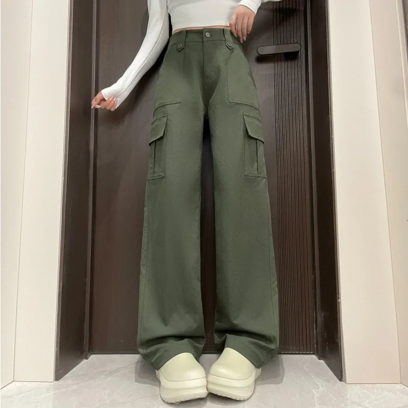 Spring Summer Vintage Loose Cargo Womens Wide Leg Full Pants High Waist Solid Female Elegant Straight Casual Trousers 251017
