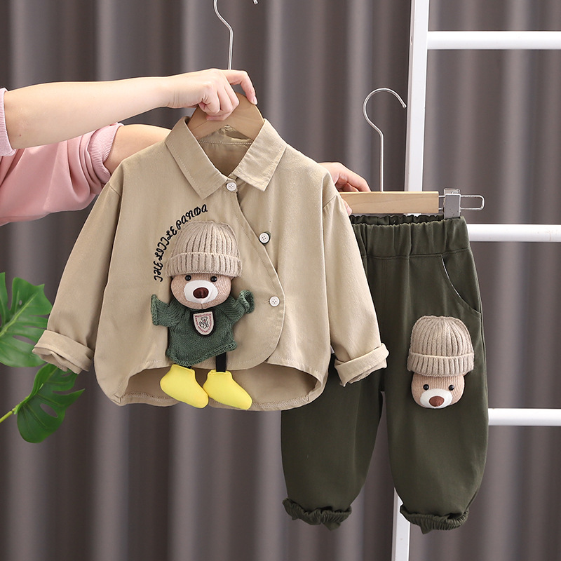 Baby trendy spring outfit set 2025 new children's doll bear shirt two-piece set for boys' spring and autumn long sleeves free shipping