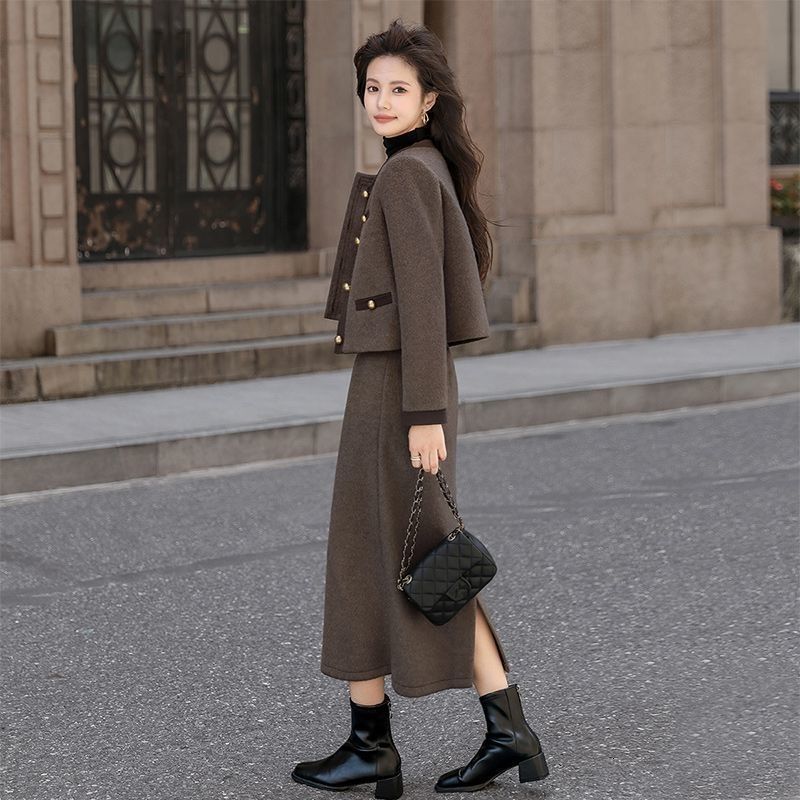 2025 Autumn/Winter New Top Korean Fashion design Single breasted Wool Short Luxury Coat Two piece Set Women's Designer Jacket Medium Skirt