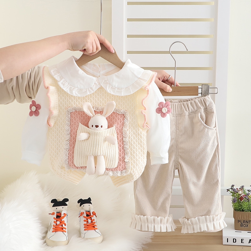 Girls' Spring Set 2025 New Fashionable Baby Pants Spring and Autumn Children's Little Rabbit Sweater 3-Piece Set