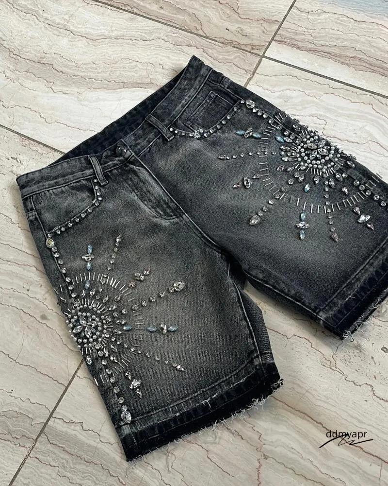 Men's ddmyApr Fashion Denim Jeans: Retro Rhinestone Graphic Black Baggy Gym High Waist Basketball Casual Shorts For Men