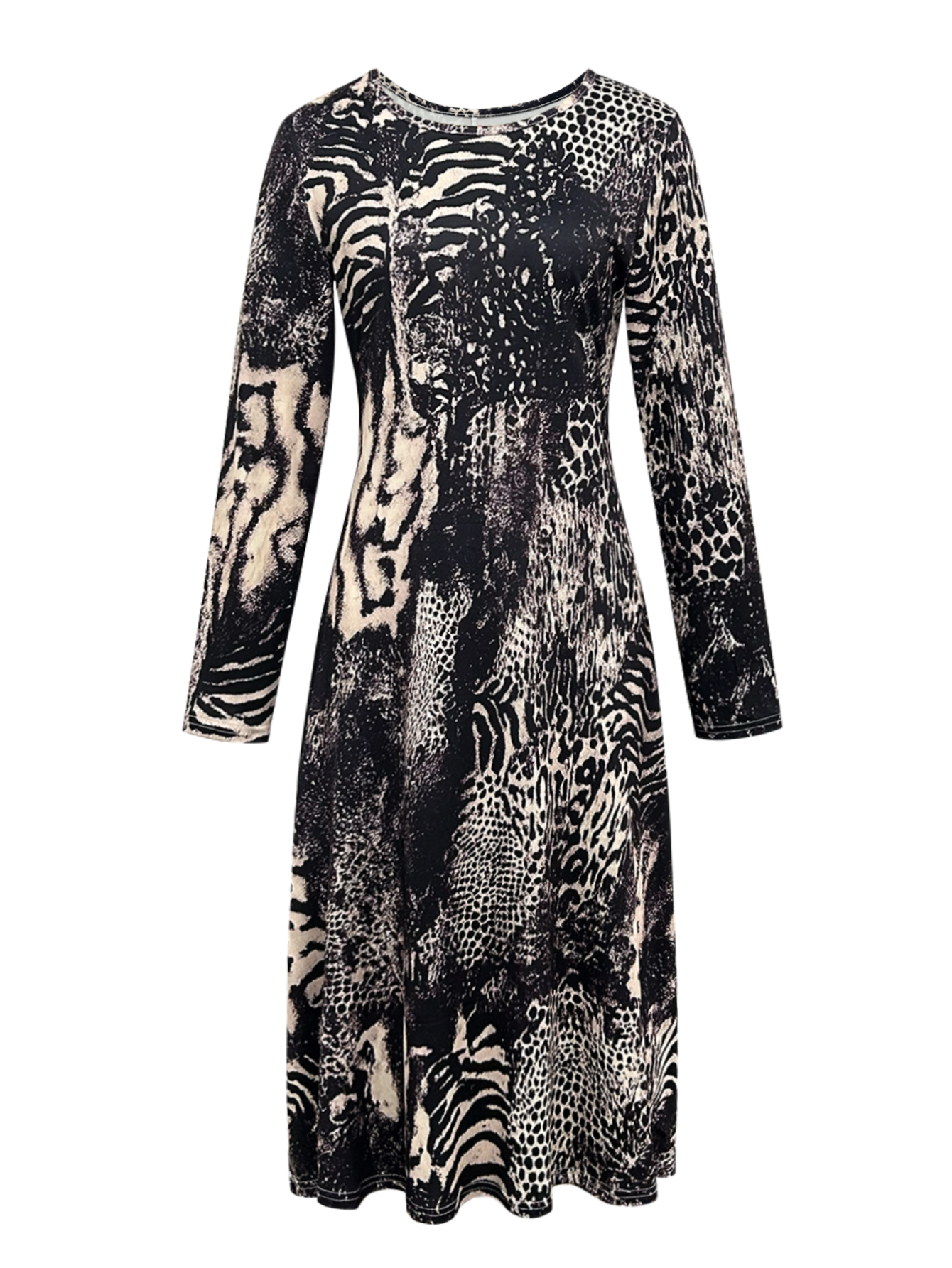 Women's Autumn Winter Animal Print Midi Dress - Versatile Office & Loungewear Casual Long Sleeve Dress-CF56288