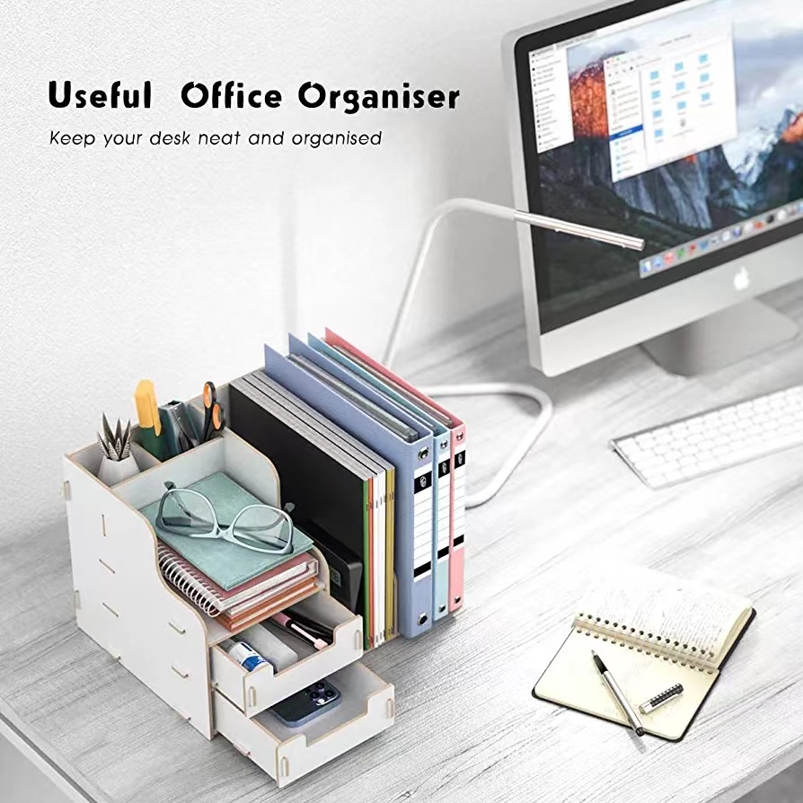 Multi-Level Stackable Desk Organizer with Drawers Space-Saving Workspace Solution