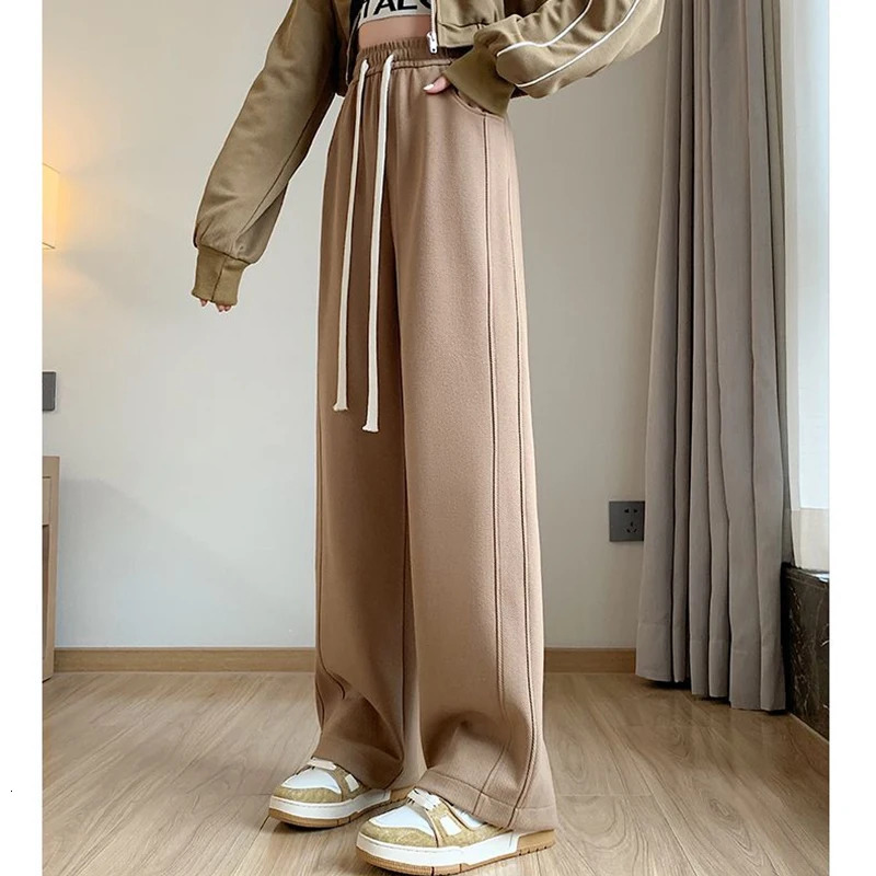 Women High Waisted Leisure Loose Pants Girls Casual Straight Leg Slacks Female Baggy Light Grey Khaki Beige Black Trousers 251017
