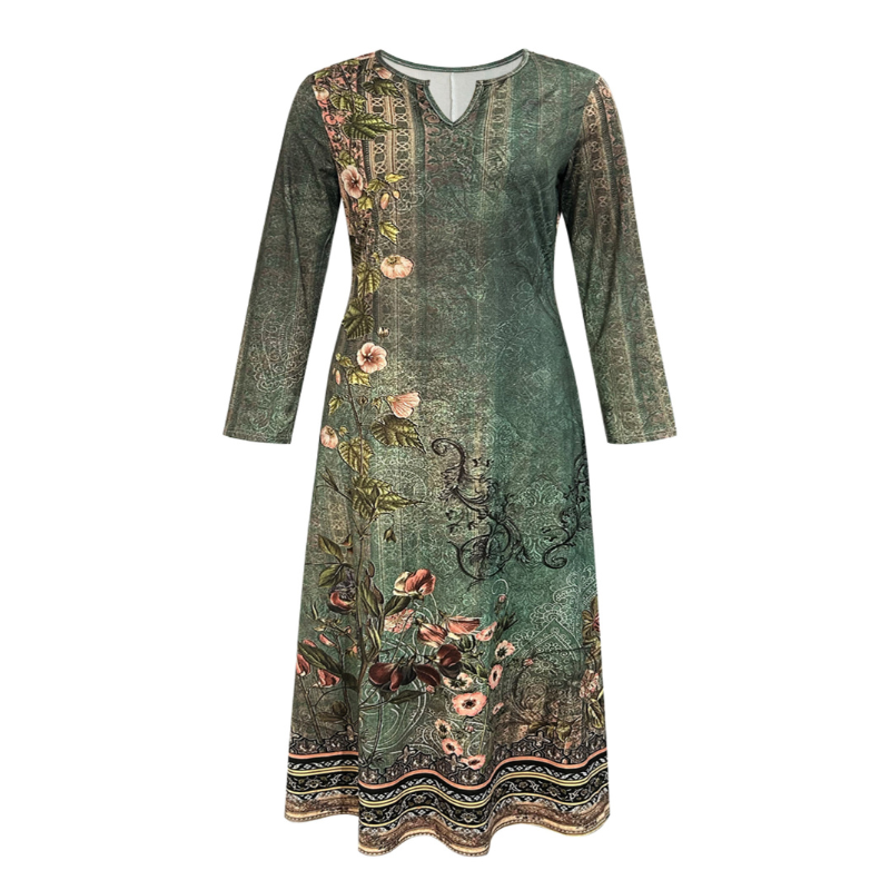 Women's Autumn Winter Retro Floral Print Midi Dress - Plus Size Daily Casual Elegant Green Dress (1XL-5XL)-YL25439