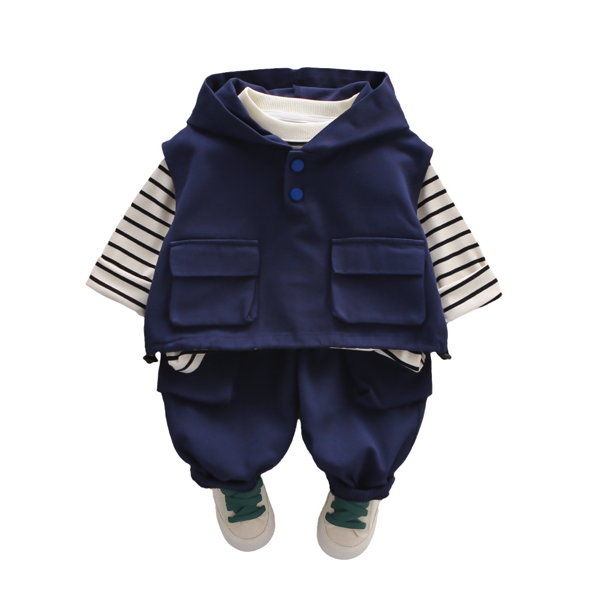 Children's Spring and Autumn Set 2025 New Handsome Boys' Handsome 0-5 Year Old Hooded Striped workwear Vest 3-Piece Set free shipping