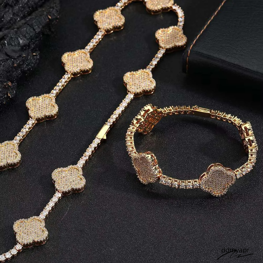 Hip Hop Fine Jewelry Four-Leaf Clover Tennis Necklace Women Gold Plated 3A Zircon Iced ddmyApr Out Bling Dia Chain