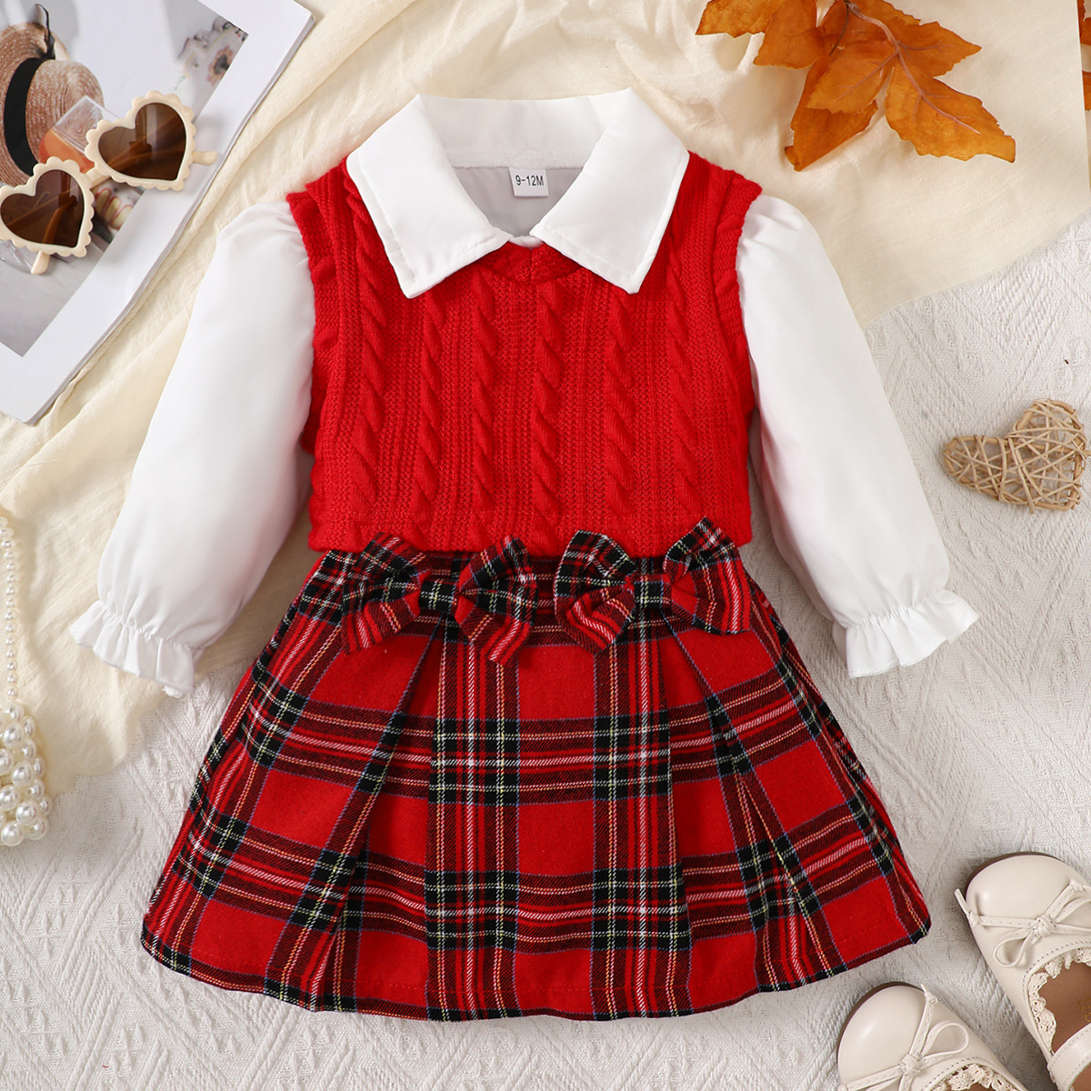 Baby Girl Winter Clothes Set Twisted Vest+White Blouse Shirts+Plaid Skirt 3pcs Kids School Outfit For Girls R251018