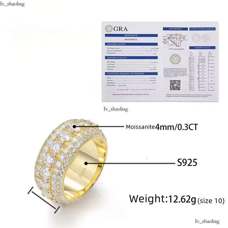 Hip Hop Iced Out Sier Pass Dia Tester 5 Rows VVS Moissanite GRA Rapper Dazzg Sparkly Eternity Band Ring For Men