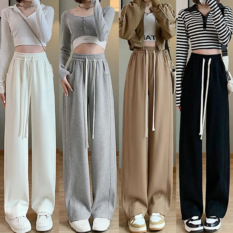 Women High Waisted Leisure Loose Pants Girls Casual Straight Leg Slacks Female Baggy Light Grey Khaki Beige Black Trousers 251017