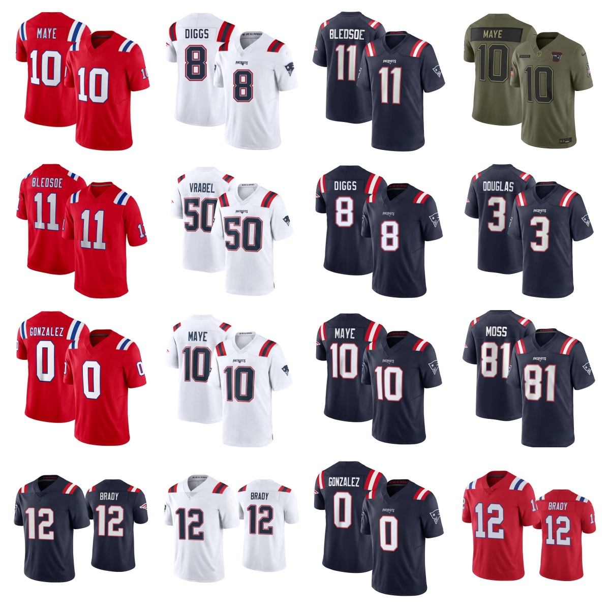 NFL Patriots Tom Brady Rob Gronkowski Tedy Bruschi Randy Moss Drake Maye Christian Gonzalez Stefon Diggs Will Campbell Rhamondre Stevenson Football Jersey