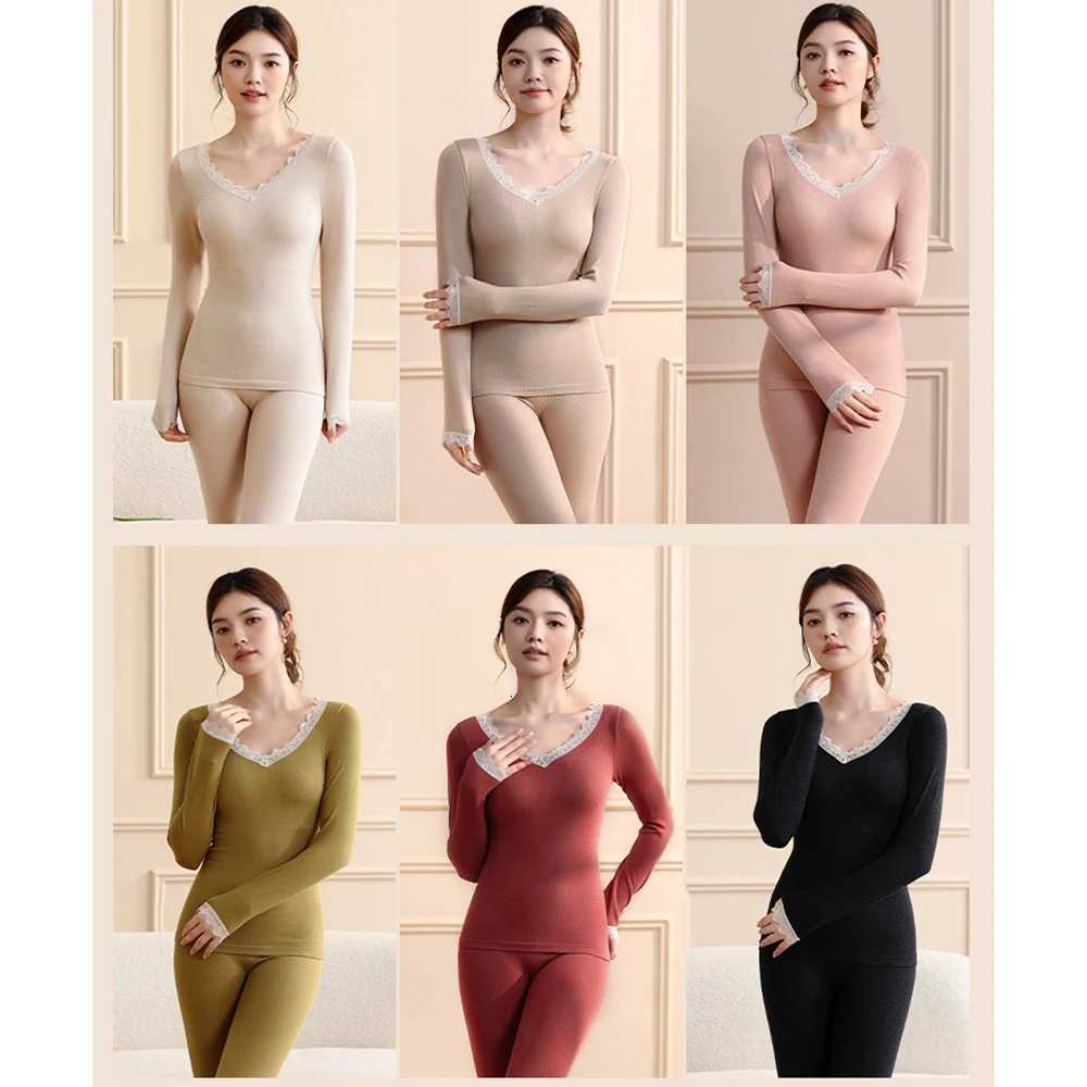 Womens Thermal Underwear Winter Clothes Lace Sheep Wool Acrylic Thin Slim Body Shaping Warm Lingerie Women Thermal Clothing Set T251018