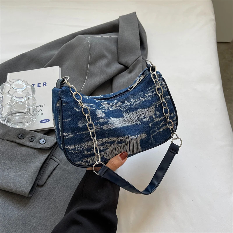 Retro Design Womens Chain Shoulder Bag Soft Denim Female Underarm Bag Handbags Fashion Ladies Small Square Tote Purse Bags R251018