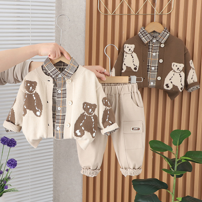 Baby spring outfit set, stylish, 1-4 year old boy's teddy bear long sleeved sweater three piece set, baby and children's clothing free shipp