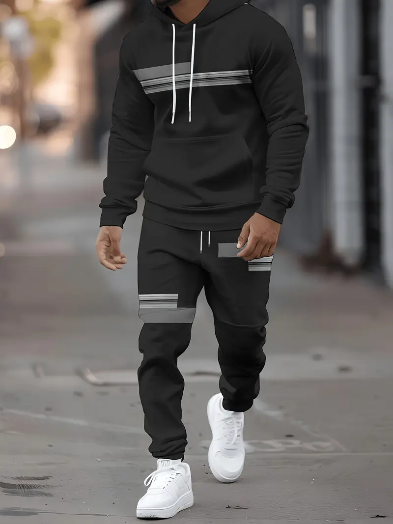 Men's Stripe Print Two Piece Cotton Tracksuit - Comfortable Hooded Jacket & Pants Set 2-3-2