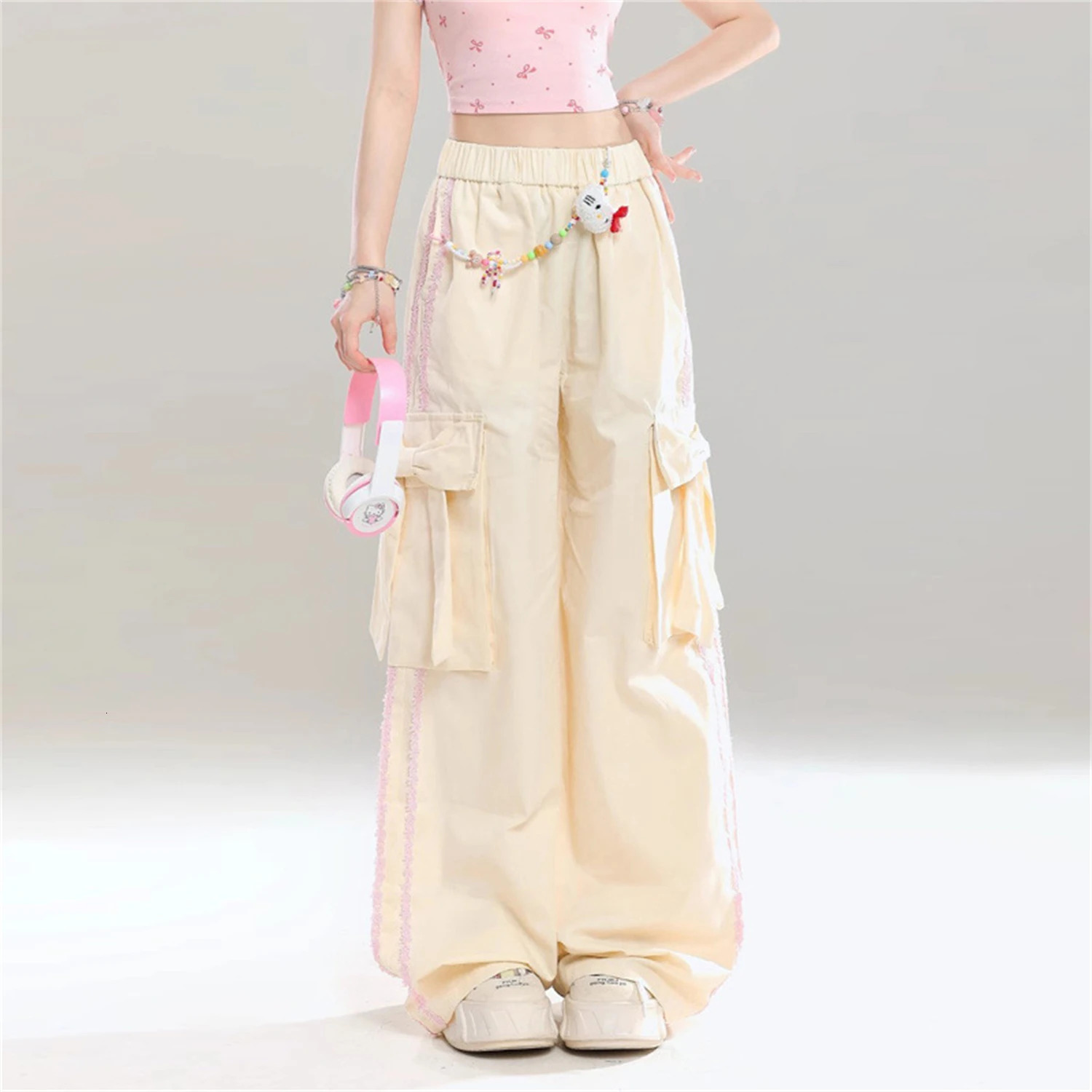 Womens Y2K Cargo Pants Baggy Wide Leg Trousers With Big Pockets Side Trim Streetwear Casual Bottoms 251017