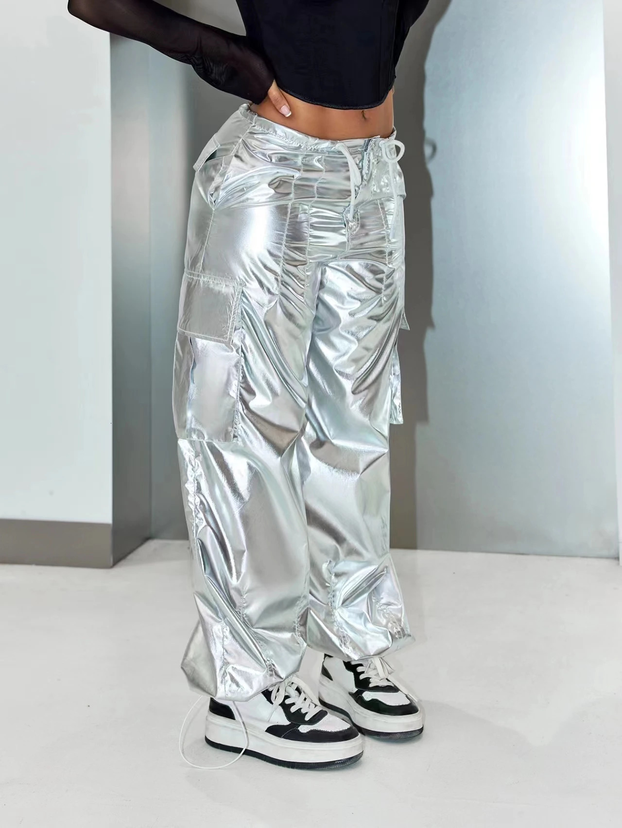 Y2K Street Flap Pocket Drawstring Waist Silver Metallic Loose Wide Leg Cargo Parachute Pants Festival Outfits 251017