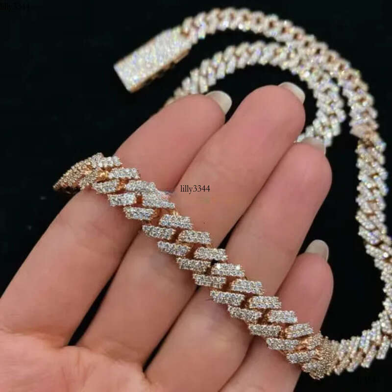 10MM VVS Moissanite Miami Cuban Chain With 14k Rose Gold Finished in Sterling Sier 18 - 26 Pass the Dia
