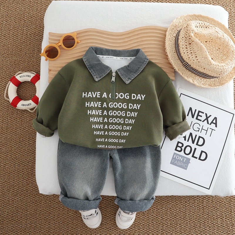 Boys' autumn outfit set with half zipper denim collar, baby polo, baby and children's two-piece set, new stylish spring and autumn hoodie