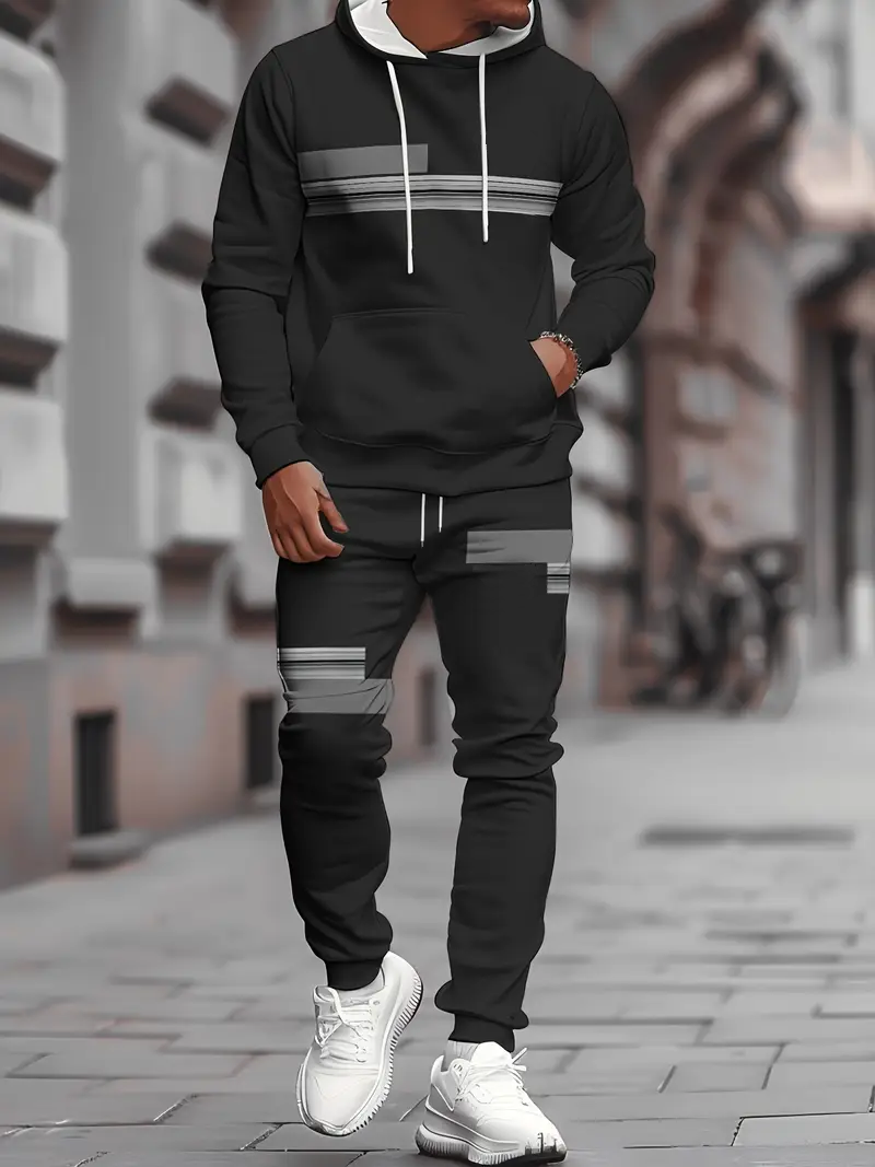 Men's Stripe Print Two Piece Cotton Tracksuit - Comfortable Hooded Jacket & Pants Set 2-3-2