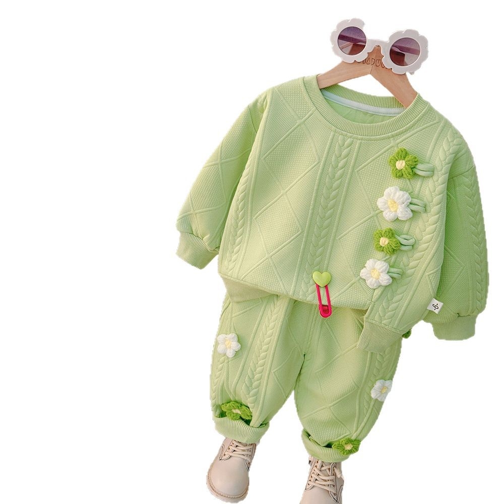 Girls' Spring and Autumn Collection 2025 New Style Girls' Two Color Little Flower Baby Spring Two Piece Children's Clothing Set