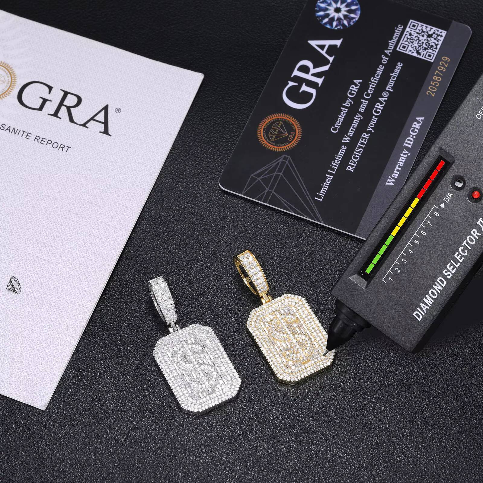 New Arrival 925 Sterling Silver Moissanite Dog Tag Pendant Necklace Iced Out Baguette Dollar Sign Hip Hop Jewelry for Men