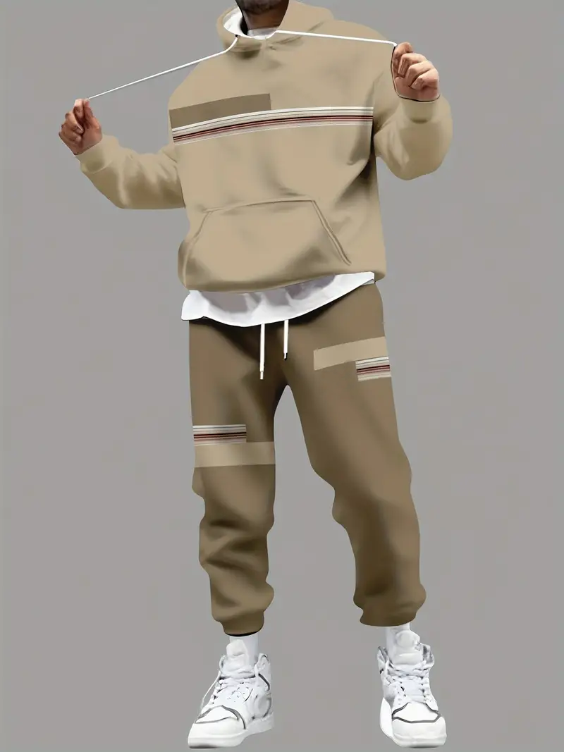 Men's Stripe Print Two Piece Cotton Tracksuit - Comfortable Hooded Jacket & Pants Set 2-3-2
