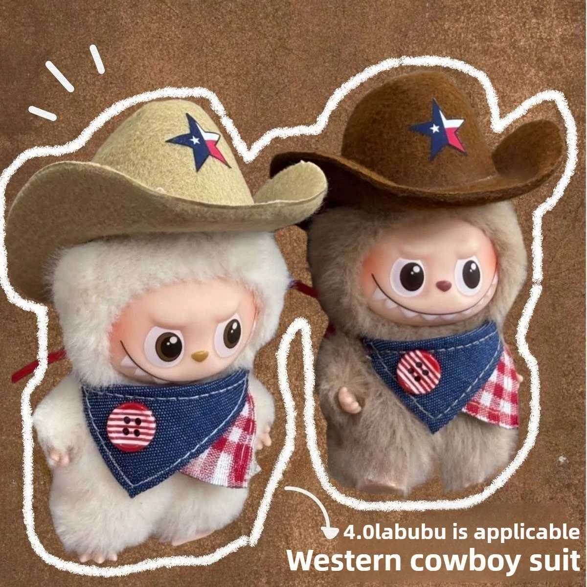 Ropa Labubu Cowboy Set Hat Bib for 105cm Labubu 40 The Monsters Pin for Heart Password Doll Clothes Outfit AccessoriesT251018