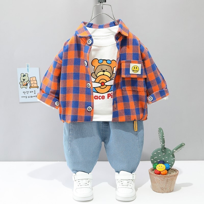 Children's outer set baby boys and girls spring and autumn clothing 1-4 years old foreign trade boys' checkered shirt denim three piece set