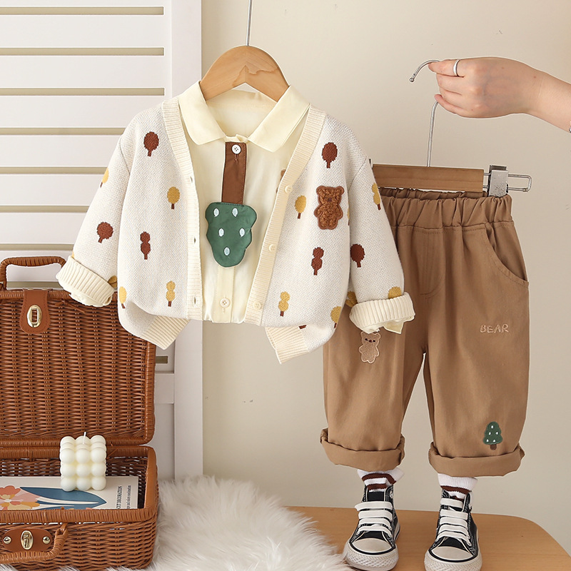 Boys' Spring and Autumn Set, Elegant 2025 New Style, Children's Leisure Autumn Set, Baby Full Body Small Tree Cardigan Three Piece Set free 
