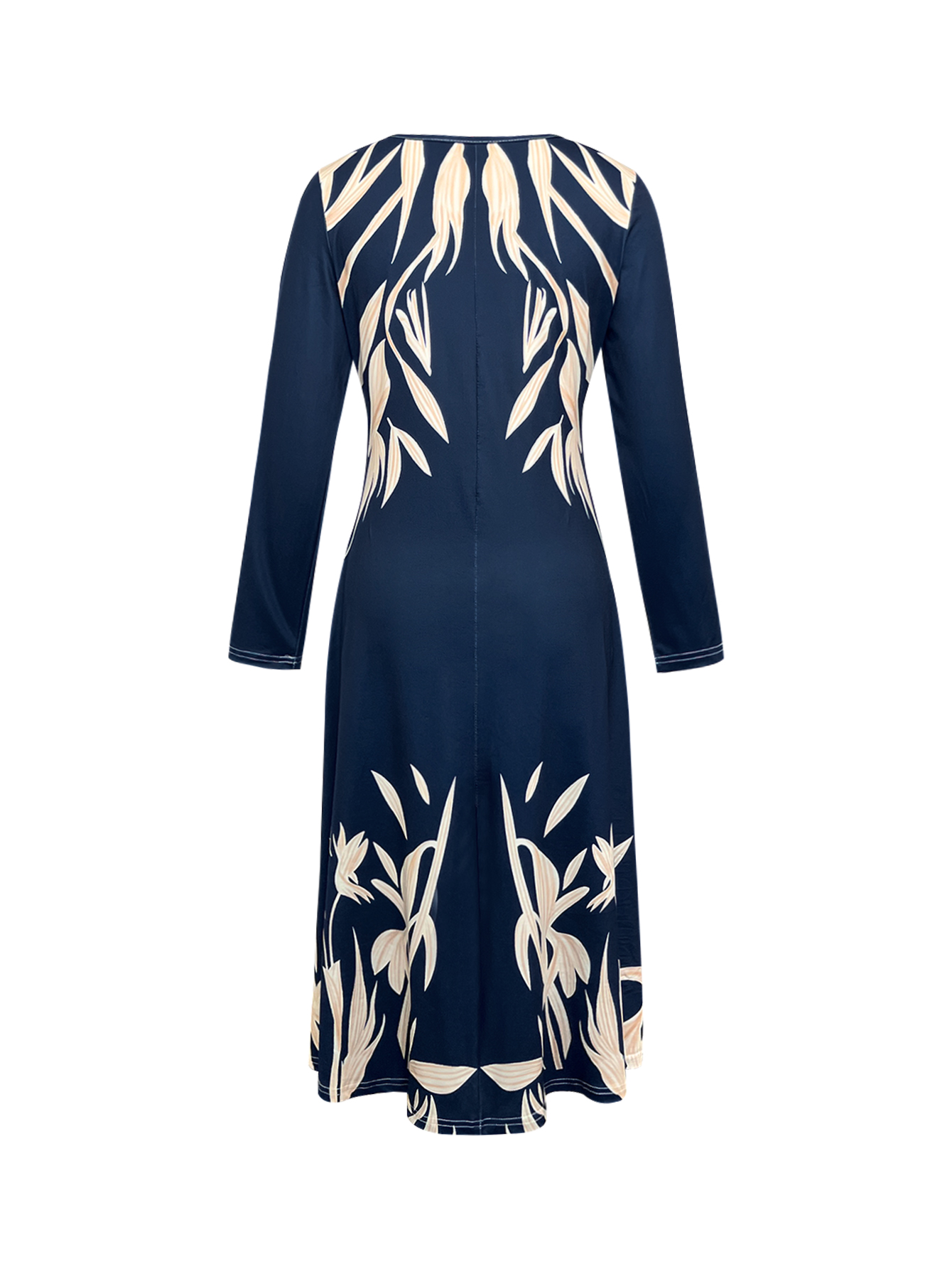 Women's Autumn Winter Botanical Floral Print Long Sleeve Maxi Dress - Elegant Office Casual Navy Blue Dress-CF56264